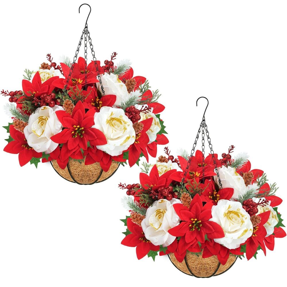 4232 2 Pcs Christmas Hanging Baskets for Outdoors, Artificial Poinsettia